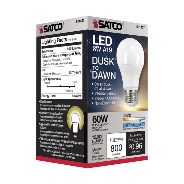 Satco 8w A19 LED Dusk to Dawn With PhotoCell 5000K Medium base 120v - 60w-equiv Hot on Sale