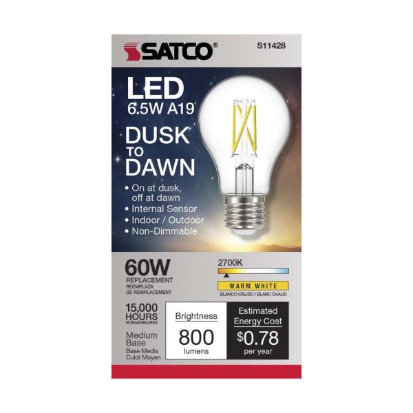 Satco 6.5w A19 LED Dusk to Dawn w  PhotoCell 2700K Medium base 120v - 60w-equiv For Cheap