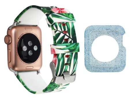 Apple Watch Series 3 2 1 38mm silicone pattern strap with cover - Red Flower and Leaves   Blue Sale