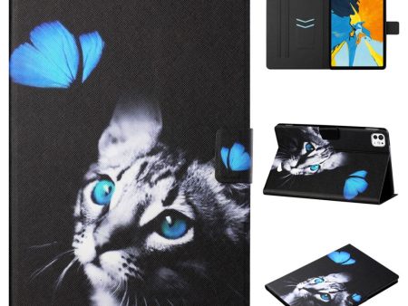 iPad Pro 11 (2024) Leather Case Card Holder Pattern Printing Anti-Drop Tablet Cover - Butterfly and Cat Online now