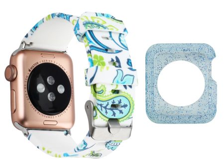 Apple Watch Series 3 2 1 38mm silicone pattern strap with cover - Green Abstract Leaves   Blue Online