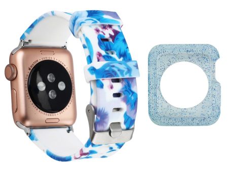 Apple Watch Series 3 2 1 38mm silicone pattern strap with cover - Blue Leaves and Pink Daisies   Blue Online now