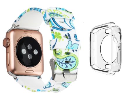 Apple Watch Series 3 2 1 38mm silicone pattern strap with transparent cover - Green Abstract Leaves   Blue For Sale