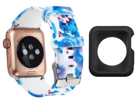 Apple Watch Series 3 2 1 38mm silicone pattern strap with cover - Blue Leaves and Pink Daisies   Black For Sale