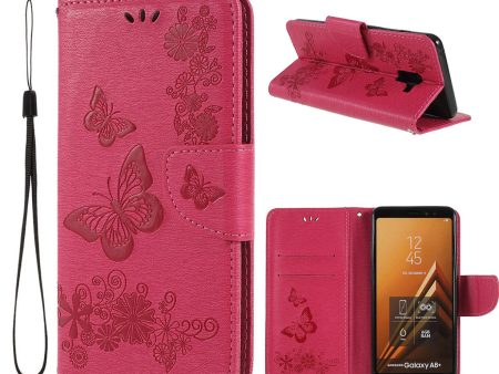 Samsung Galaxy A8 (2018) imprinted butterfly flowers leather flip case - Rose Cheap