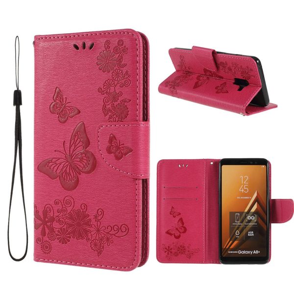 Samsung Galaxy A8 (2018) imprinted butterfly flowers leather flip case - Rose Cheap