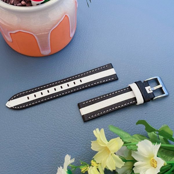 20mm Universal color splicing genuine leather watch strap - Black   White Fashion