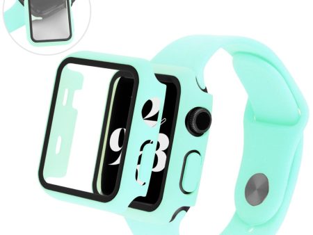 Apple Watch (41mm) cover with tempered glass + silicone watch strap - Cyan on Sale