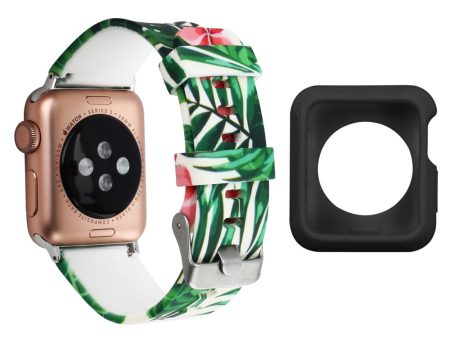 Apple Watch Series 3 2 1 38mm silicone pattern strap with cover - Red Flower and Leaves   Black For Cheap