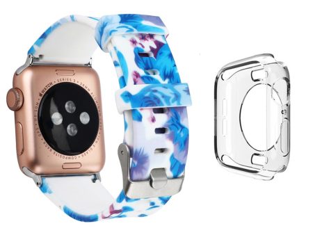 Apple Watch Series 3 2 1 38mm silicone pattern strap with transparent cover - Blue Leaves and Pink Daisies   Blue Cheap