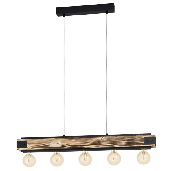 Layham 5Lt Pendant Light in Black and Rustic Wood Cheap